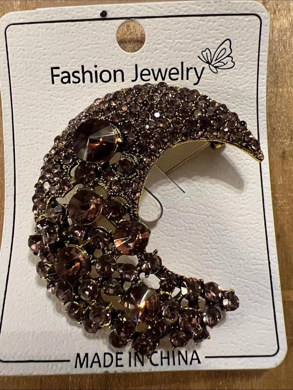 3/$18 Fashion Jewelry Gold-Tone Crescent Moon Brooch with Brown Crystals - 6072